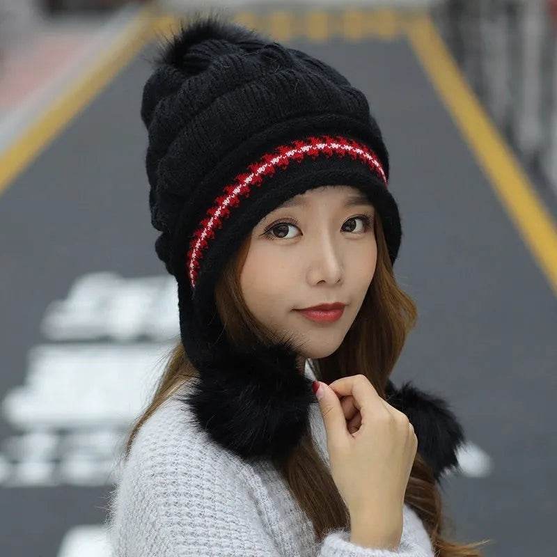 Women Cozy Knit Fleece-Feel Beanie With Ear Flaps Winter Hat Perfect For Skiing & Outdoor Activities