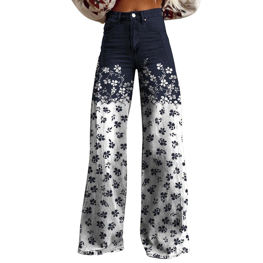 Women's 3D Printed Flared Denim Jeans – Graphic Print Wide Leg Jeans