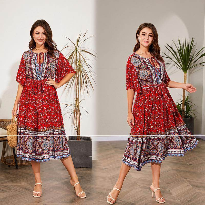 Modest Plus Size Summer dress V Neck Midi Beach boho Dress