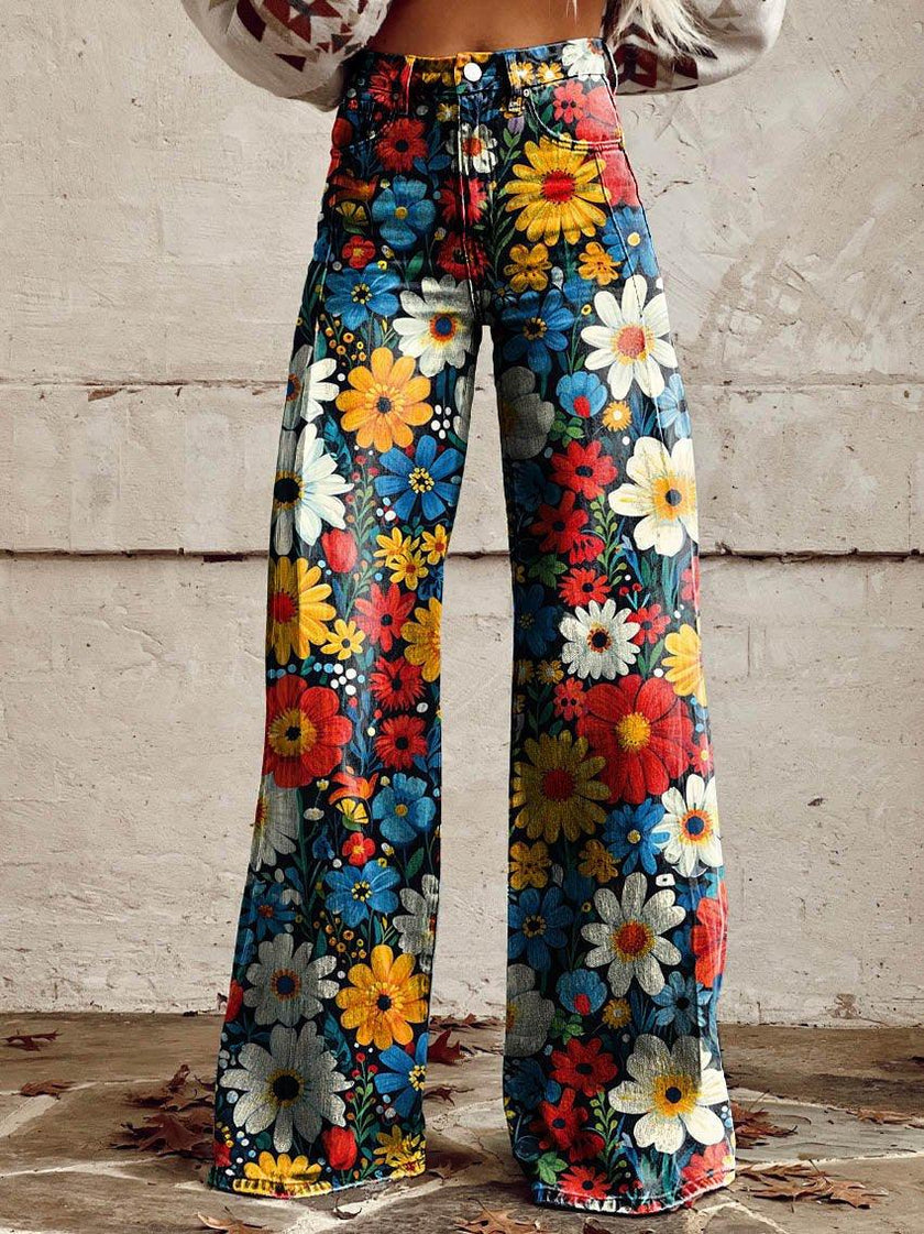 Graphic Printed Pants for Women – Stretch Denim Look Casual Trousers