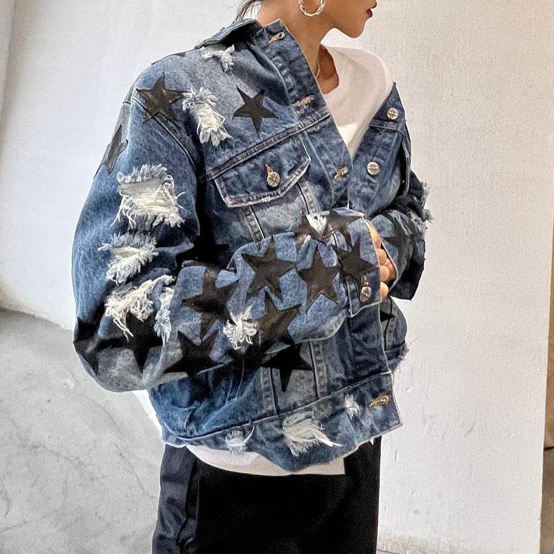 Lapel Star Patch Shredded Single Breasted Denim Jacket For Women