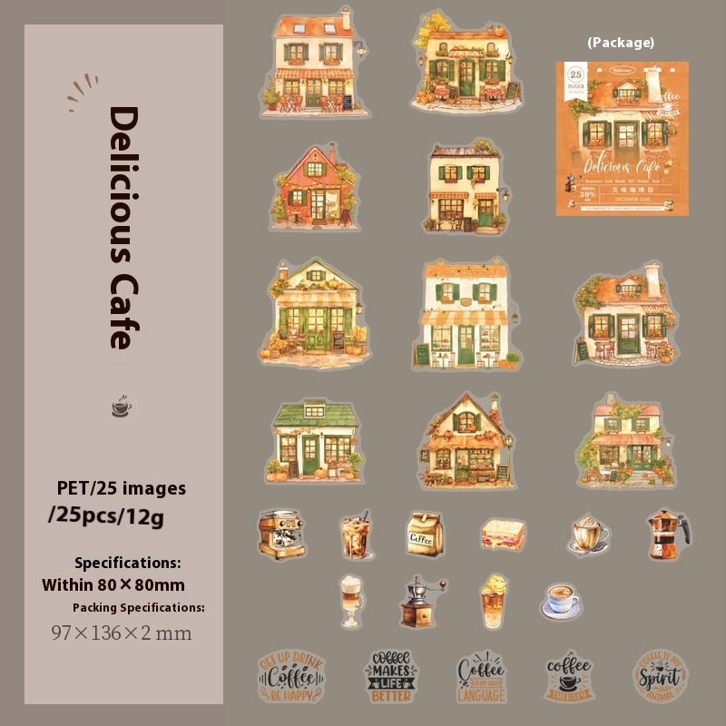 Cafe Series PET Decorative Sticker Pack – Retro Coffee Shop Journal & Scrapbook Stickers (25 pcs)