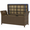 Outdoor Patio Wicker Storage Bench, 2-In-1 Rattan Patio Furniture, 29 Gal Storage Box w/ Cushion, Dark Blue