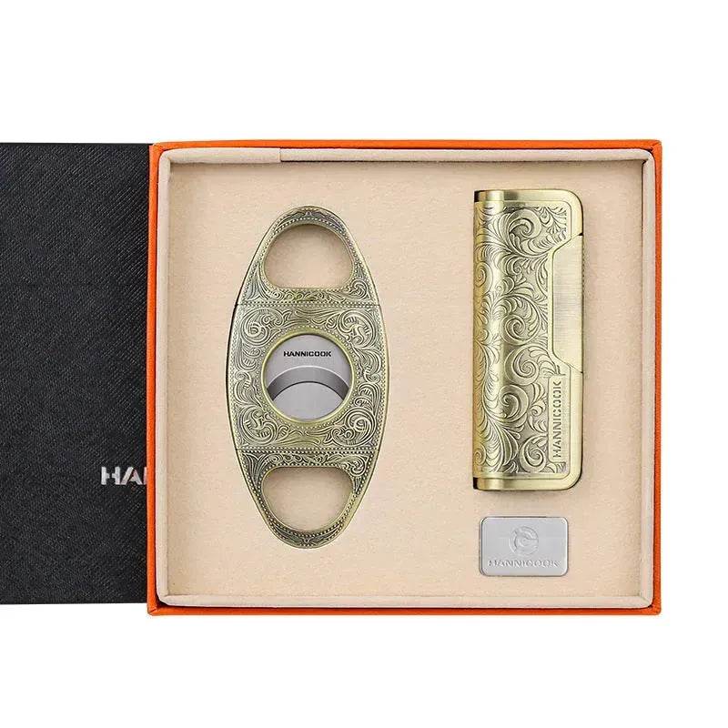 Embossed Portable Metal Alloy Cigar Cutter and Torch Lighter Gift box set