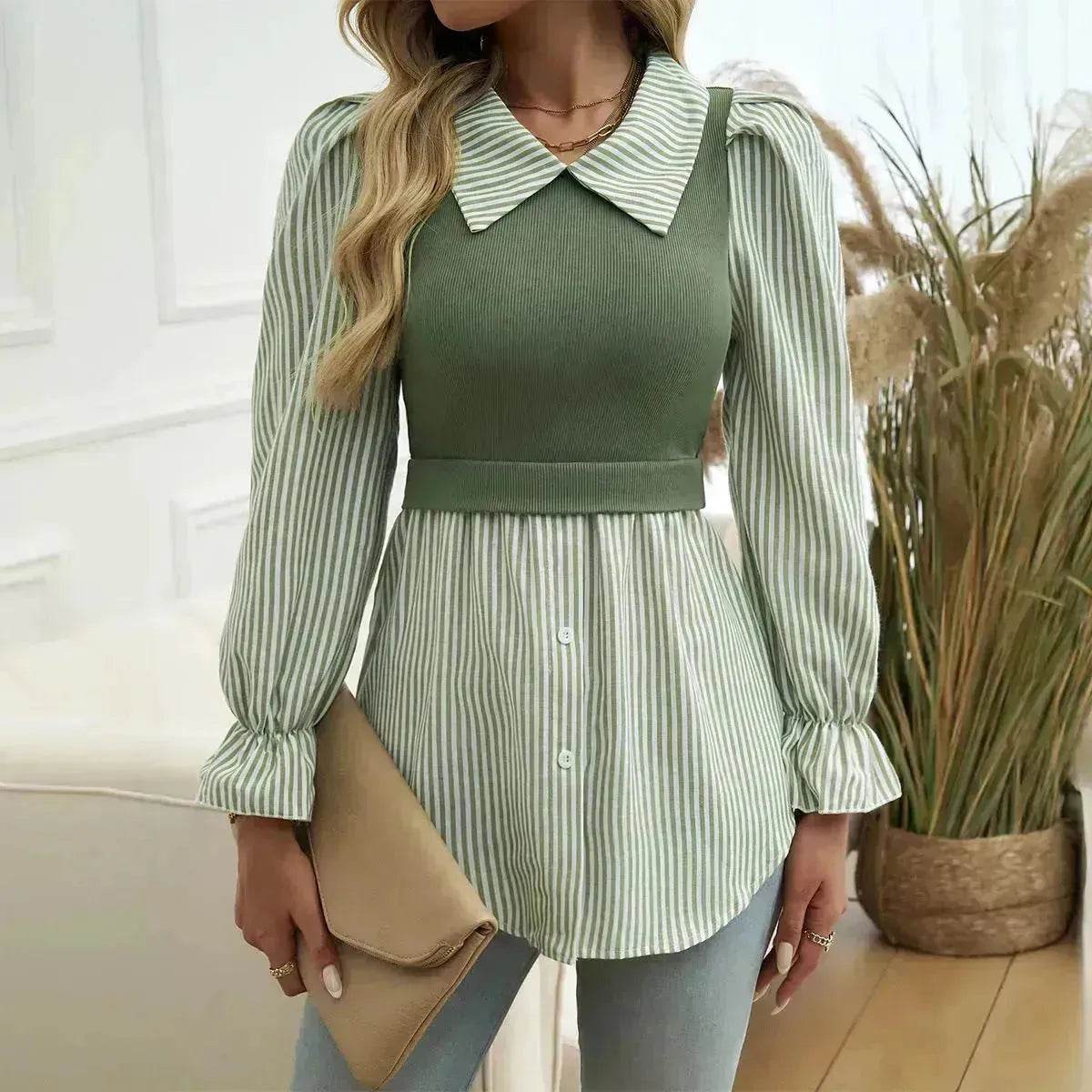 Women's Casual Contrast Color Stitching  Long Sleeve Collar Ladies Evening Top