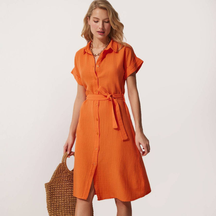Bottun Down Short Folded Sleeve Dress Shirt - Orange