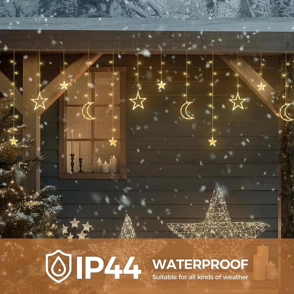 Ramadan Solar Lights, Outdoor Waterproof Moons Stars Curtain Window String With 8 Modes Timer Remote ,USB Rechargeable Connectable Warm White Hanging Decor For Patio