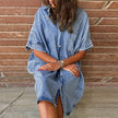 Women's Solid Color Single Row Multi-buckle loose Dress Short Sleeve Denim