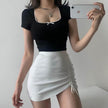 Hot Girl Hip Skirt Design High Waist With Straps Stretch Knitted Women's Mini Drawstring Split Skirt