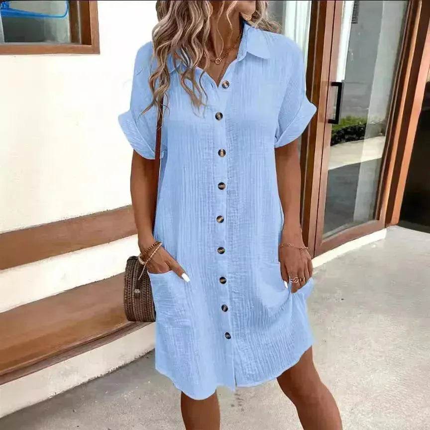 Womens Button Down Shirt Dress Summer Cotton Linen Dress V-Neck Mini Dress Casual Short Sleeve Loose Tunic Dresses