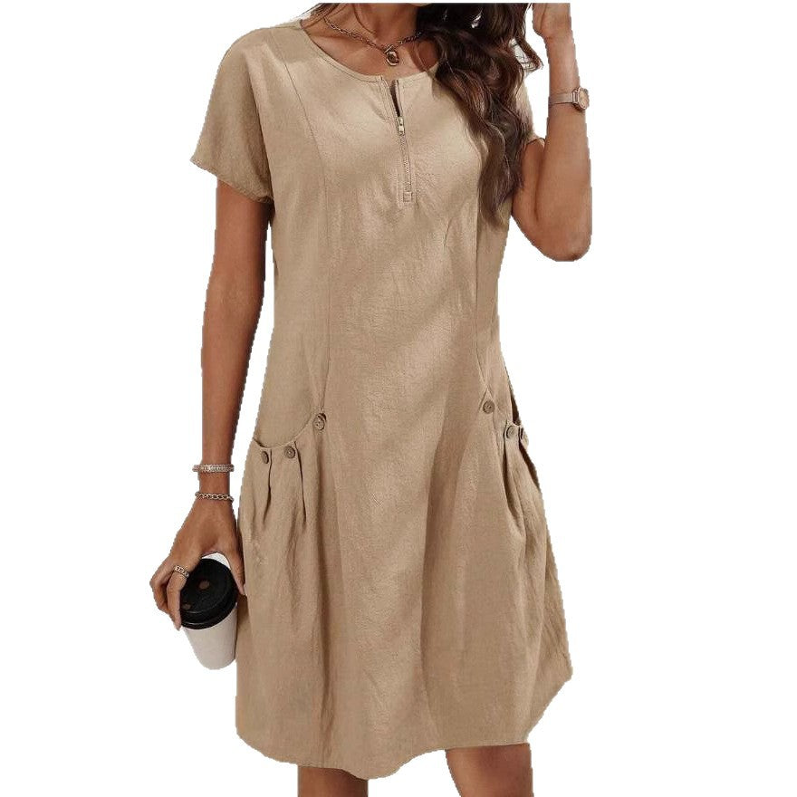 Women's Short-Sleeve Casual Dress with Pockets & Zipper – 12 Colors, S–3XL