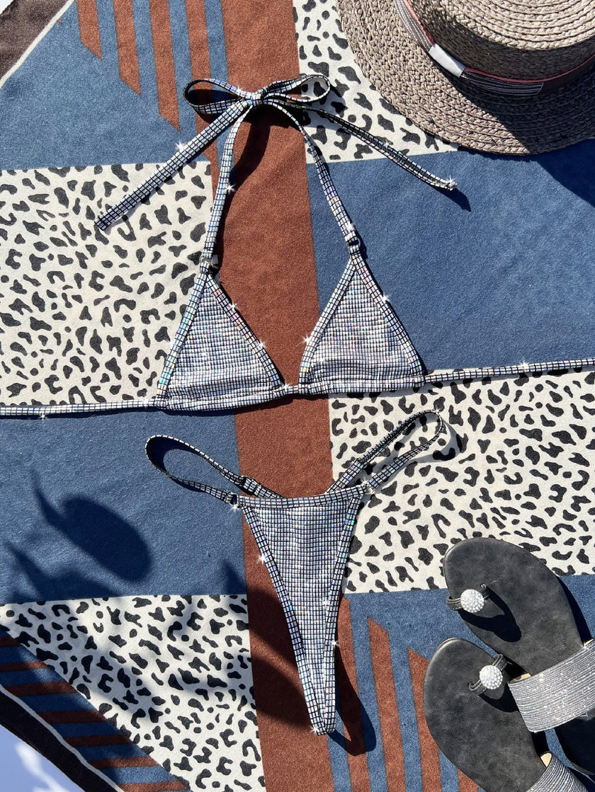 Women's Shiny Bikini Set | Metallic Silver Swimwear Canada