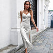 Women's Breasted Satin silk V-neck Spaghetti strap Backless Midi Dress cocktail split dress