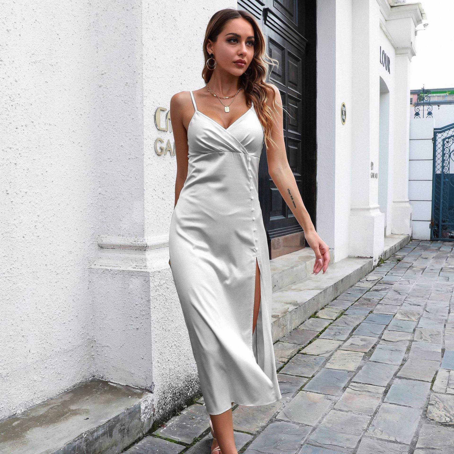 Women's Breasted Satin silk V-neck Spaghetti strap Backless Midi Dress cocktail split dress
