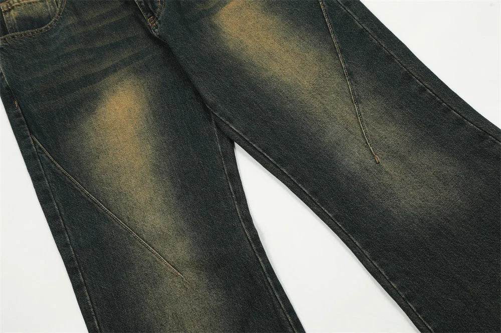 Washed Yellow Denim Bootcut Jeans Pants Men