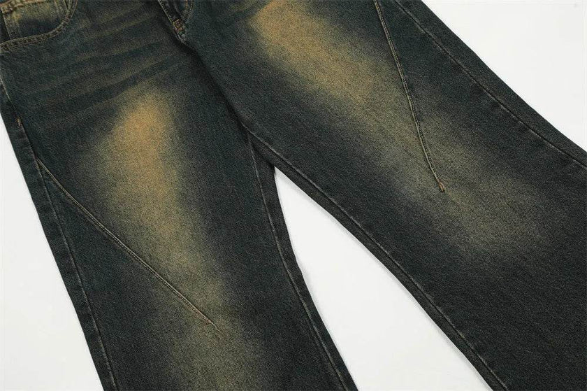 Washed Yellow Denim Bootcut Jeans Pants Men