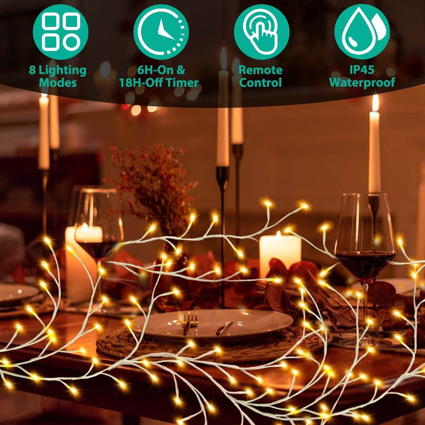 1Pc 7.87FT Lighted Birch Garland Lighted Twig Vine Lights 144LED Birch Garland With Lights String Light With Timer 8 Modes IP45 Waterproof For Christmas Fireplace Home Decoration
