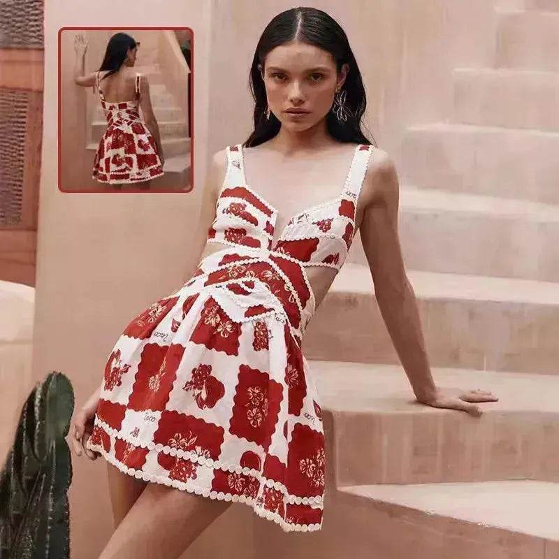 Women's Floral Print V-Neck Sling Dress – Sleeveless Summer Midi Skirt