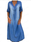 New washed denim dress Side Split Loose Mum Long Jeans Dress