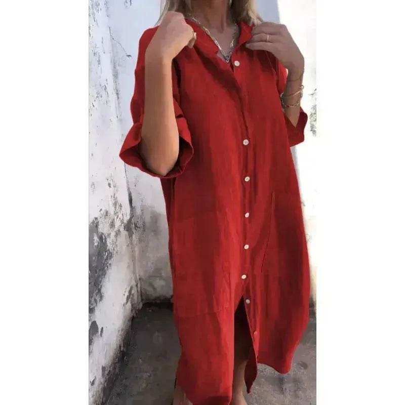 Women's Cotton Linen Shirt Dress – Loose Casual Button-Down A-Line Dress