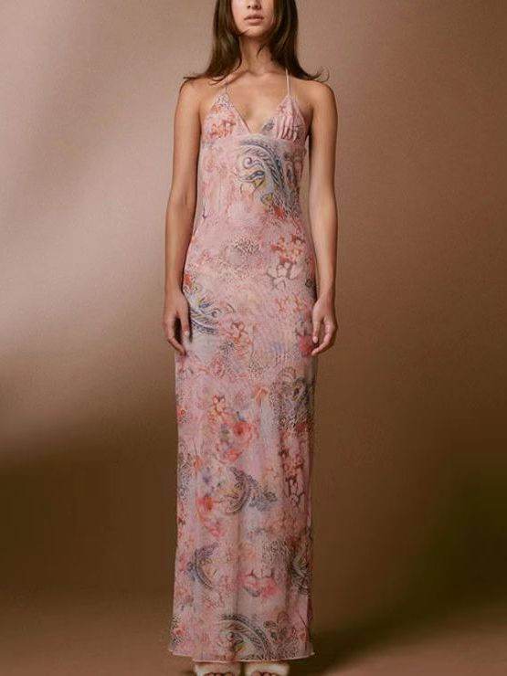 Halter neck Spaghetti Backless Butterfly Design Spring Summer long dress