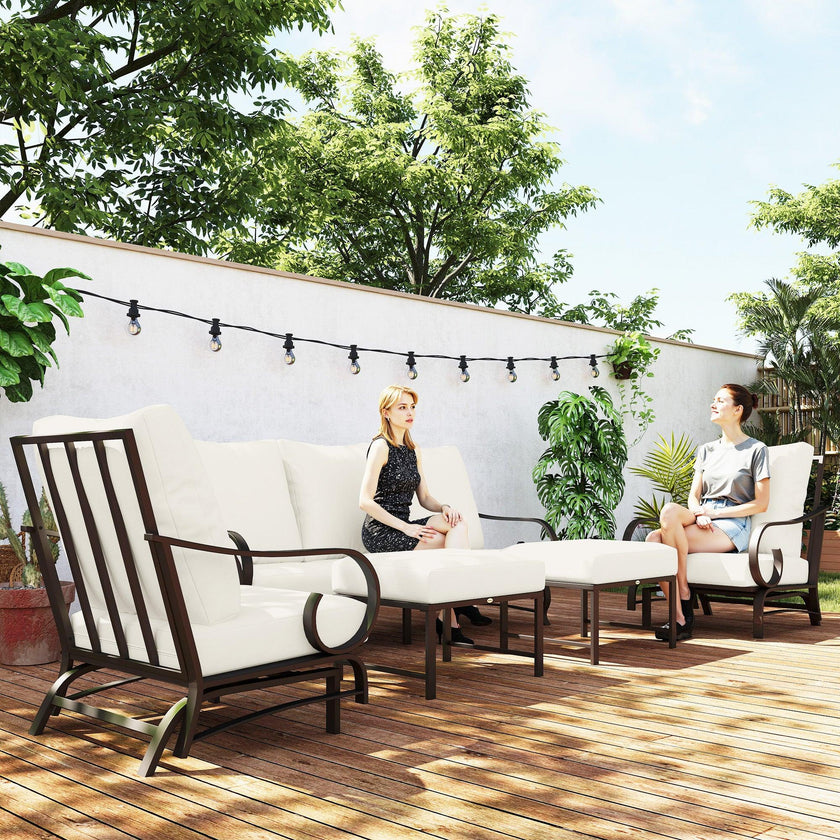 5 Piece Backyard Patio Furniture Set, Outdoor Furniture Set with 2 Rocking Chairs, 3-Seat Sofa, and 2 Ottomans, Beige