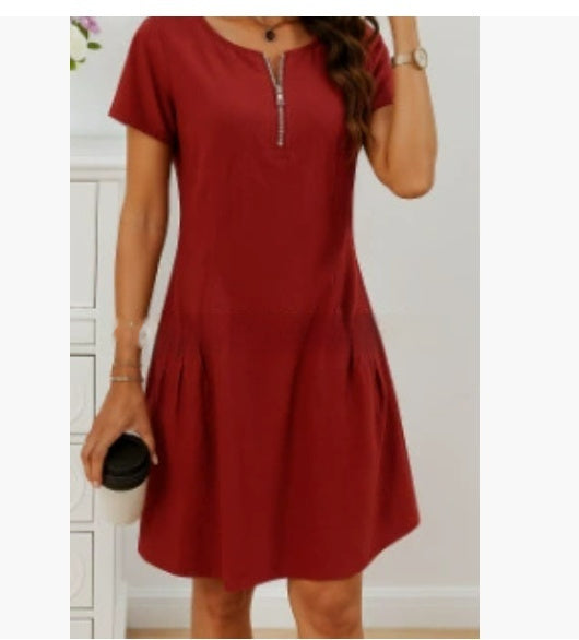 Women's Short-Sleeve Casual Dress with Pockets & Zipper – 12 Colors, S–3XL