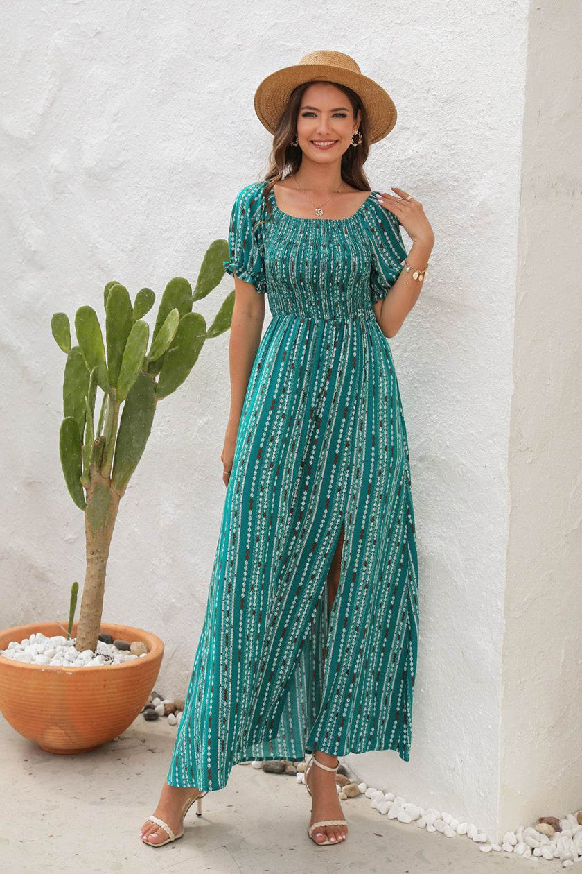 Elegant Off shoulder Spring Summer Maxi dress Slit Chiffon maxi dress for Beach vacation resort travel