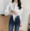 Spring New Gentle Lace-up Bow Tie Design Puff Sleeve Solid Color Shirt For Women