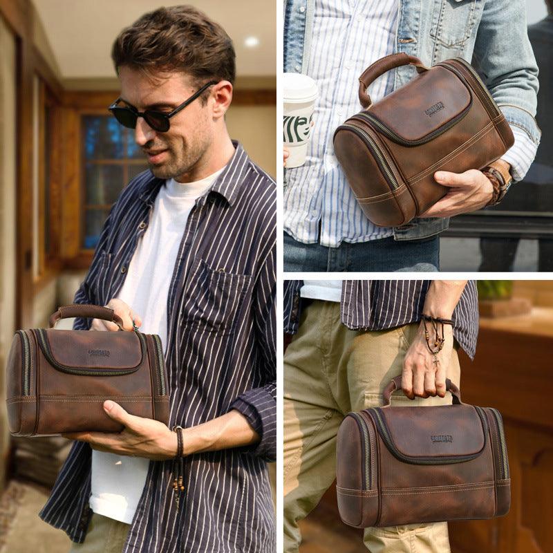 Crazy Horse Leather Travel Toiletry Bag Large Capacity Retro Men’s Dopp Kit