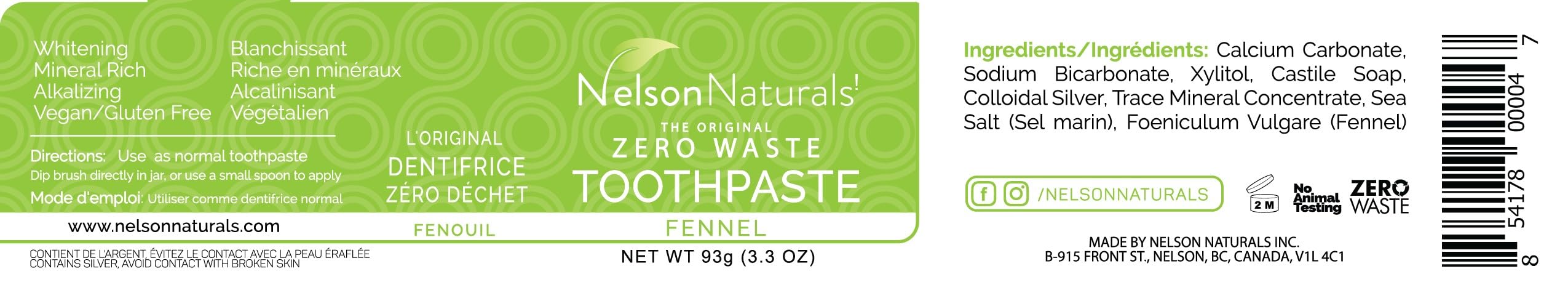 Nelson Naturals - Fennel Toothpaste (93g)