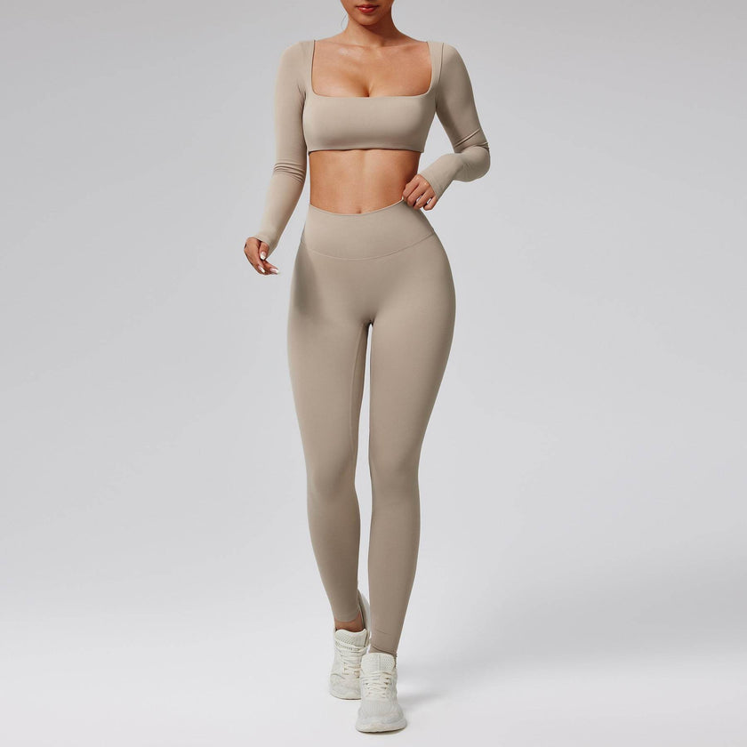 Quick-drying Nude Feel Running Sports Workout Yoga Clothes 2pcs set Long sleeve Crop top and High Waist Pant