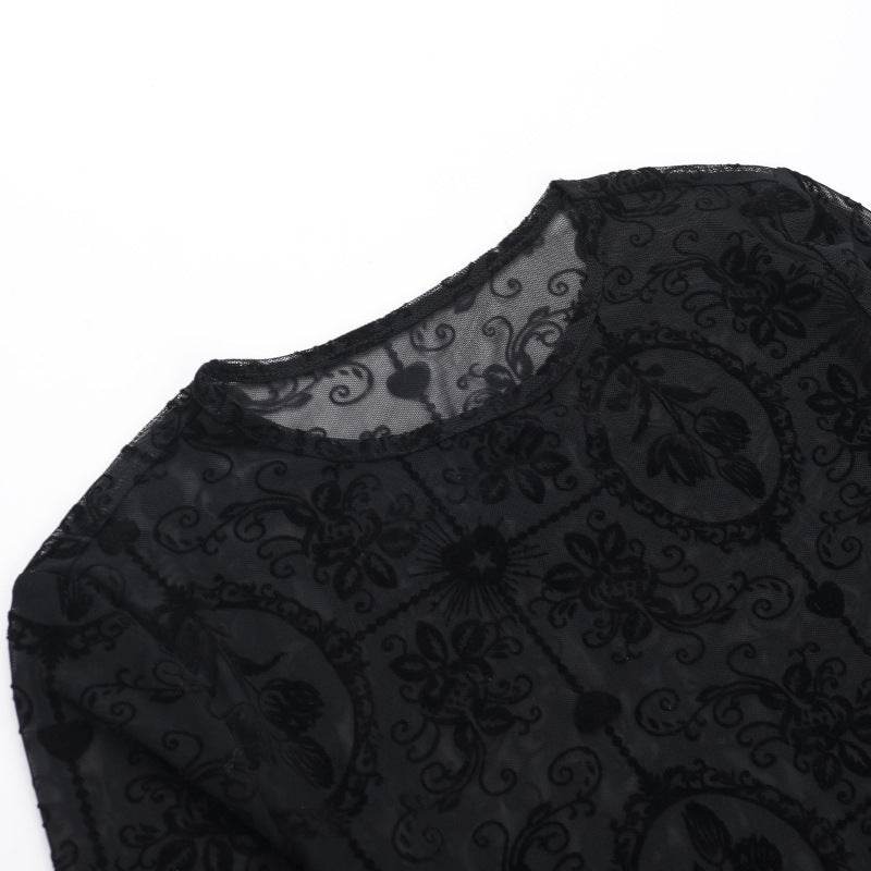 Elegant Slim-fit Tulip Flocking transparent lace top bodycon top women