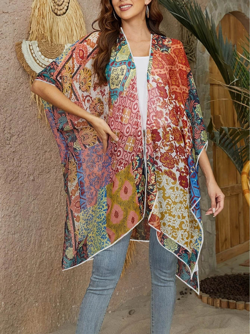 Spring Summer Printed Sun Protection Beach Kimono Cardigan Blouse top Women
