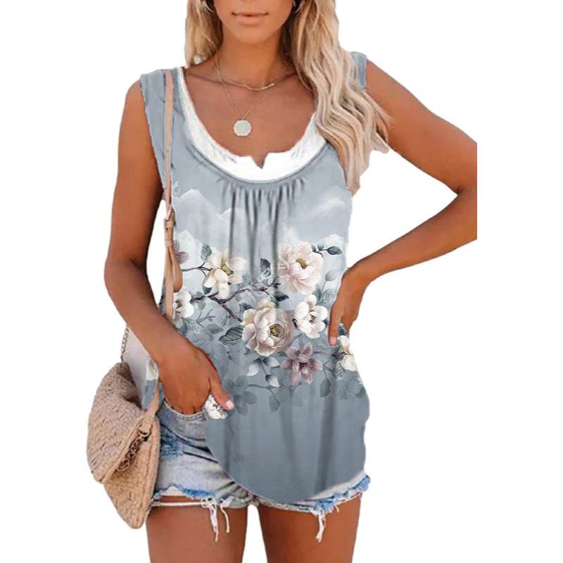 Casual Spring And Summer Tops Printed Sleeveless Pleating Vest T-shirt For Women