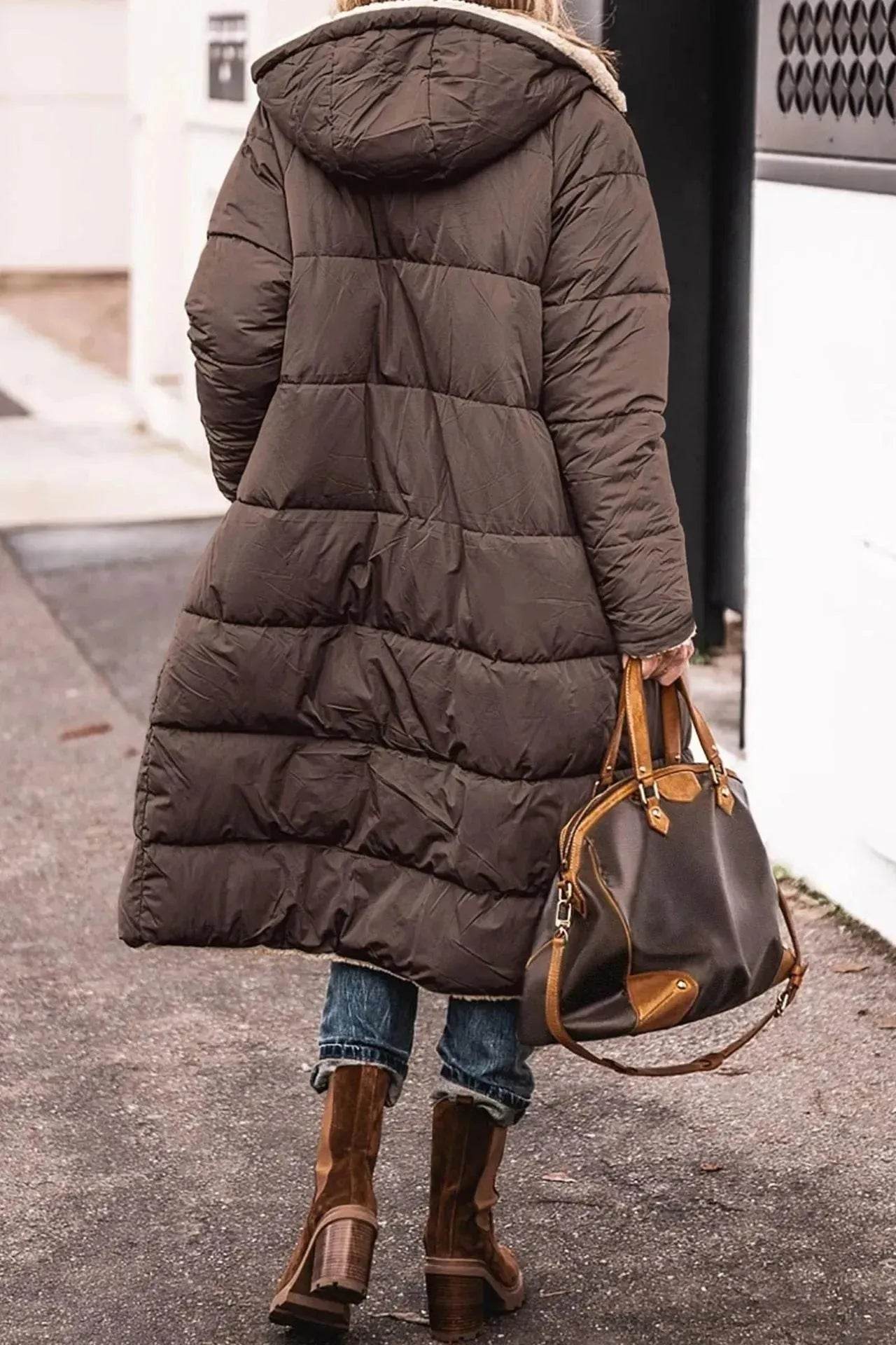 Classy Fleece lined Long Hooded Puffer Winter coat for women
