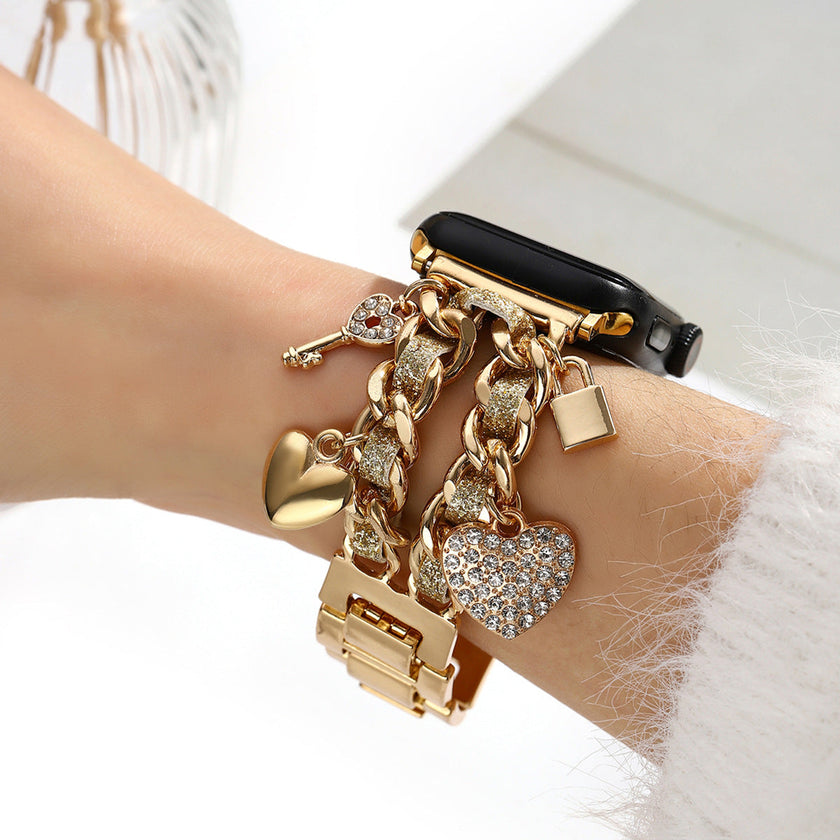 Gold Heart Pendant Apple Watch Strap for Women Alloy Decorative Band