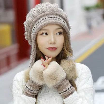 Women Cozy Knit Fleece-Feel Beanie With Ear Flaps Winter Hat Perfect For Skiing & Outdoor Activities