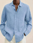 Men's Light Blue Cotton Linen Shirt – Casual Button-Down Long Sleeve