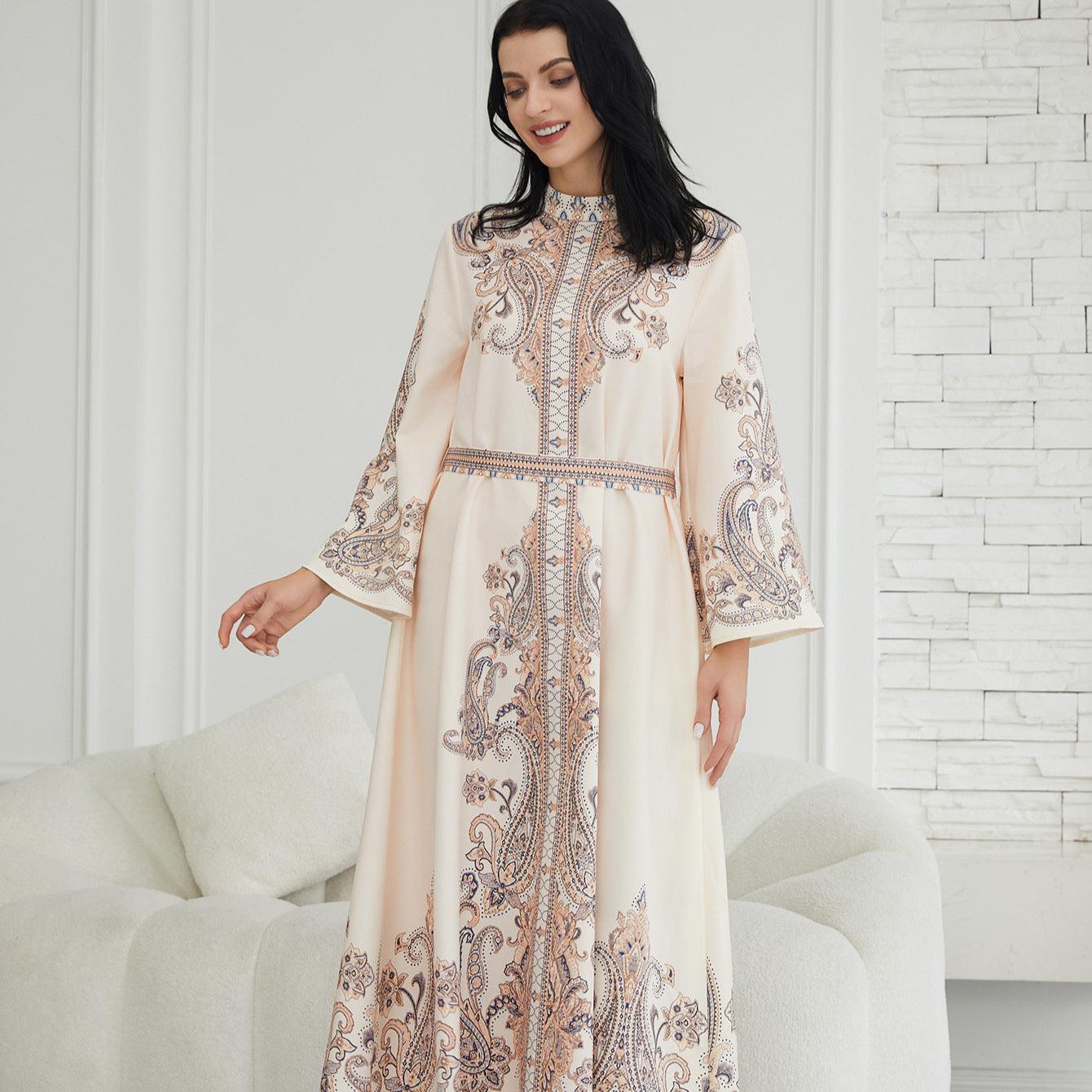 Stand Collar Printing Long Retro Muslim Dress