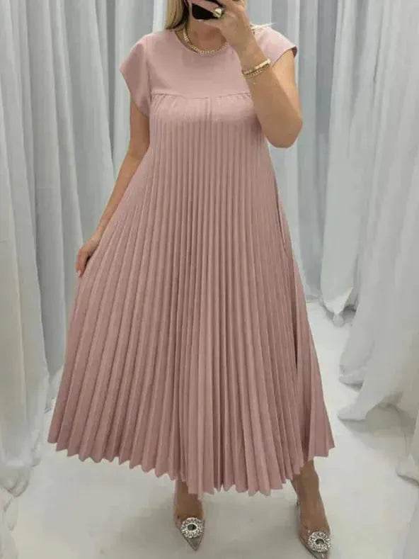 Women Summer Pleated Maxi Dress Casual Short Sleeve Crewneck Flowy Swing Long Dress with Pockets