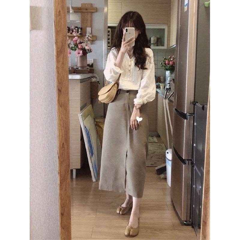 Women's V-Neck Crochet Linen Blouse – Long Sleeve Loose Boho Top
