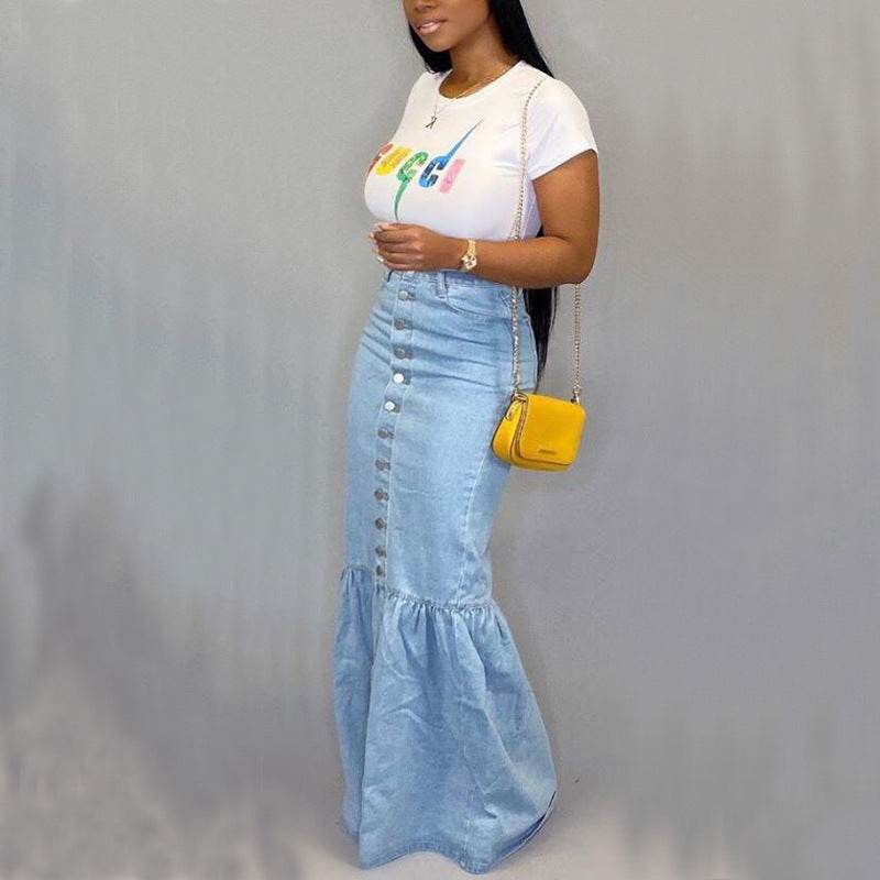 Women's Slim-fit Peplum Patchwork Long Denim Skirt fish tail style Jeans Skirt