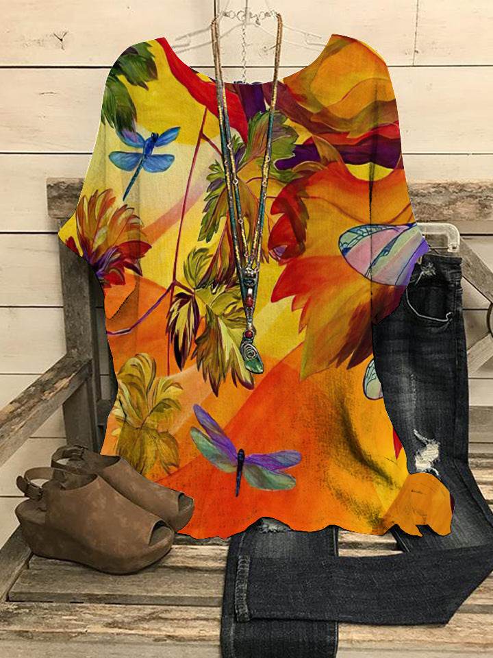 Women's Cotton Linen Blouse – Loose Fit Round Neck Short Sleeve Summer Top