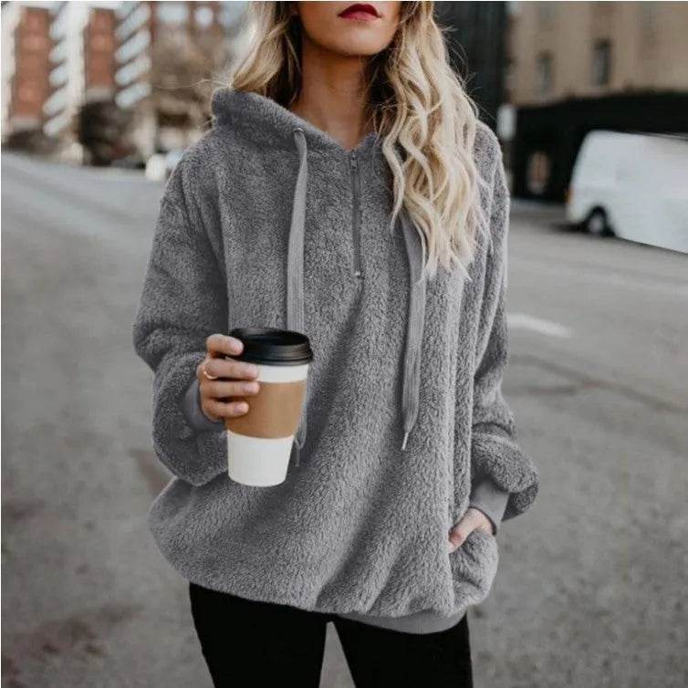 Women's Polerones Fleece Hoodie Pullover fall Winter Zipper Pocket Sweatshirt