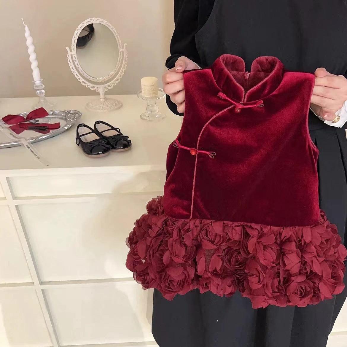 Girls' Fashion Velvet Padded Cheongsam Dress