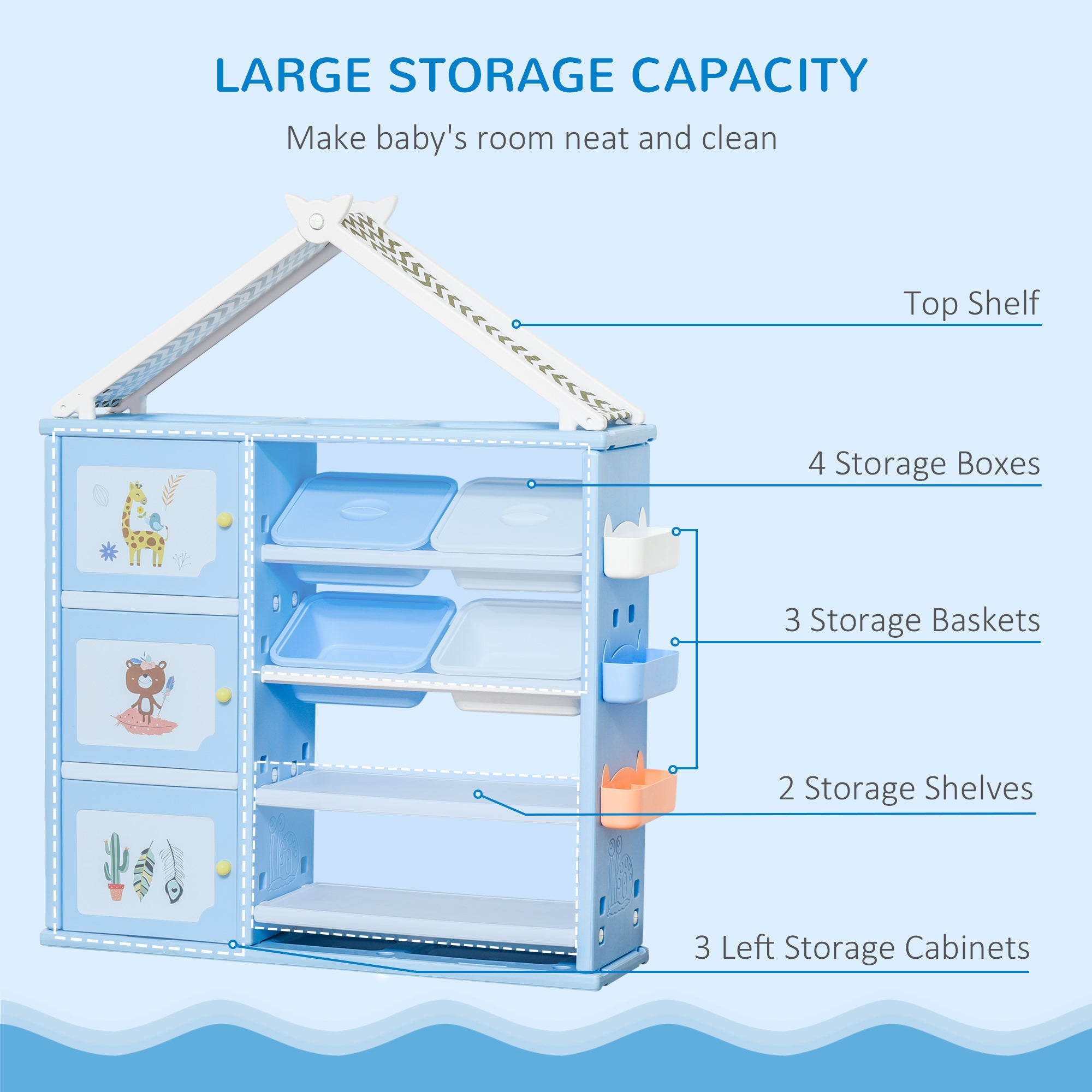Qaba Kids Toy Storage Organiser, 3 Cabinets, 4 Bins, Bookshelf, ASTM Certified, Ages 3-8, Blue