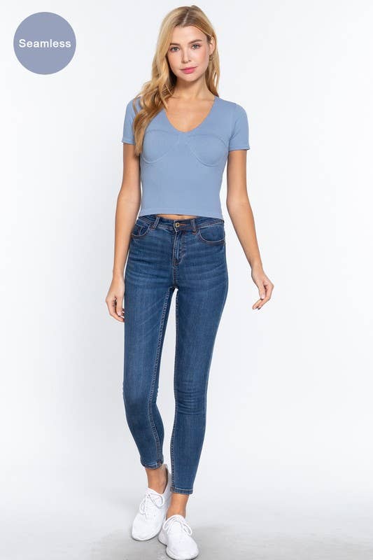 Short Sleeve V-neck Bust Line Detail Seamless Rib Top
