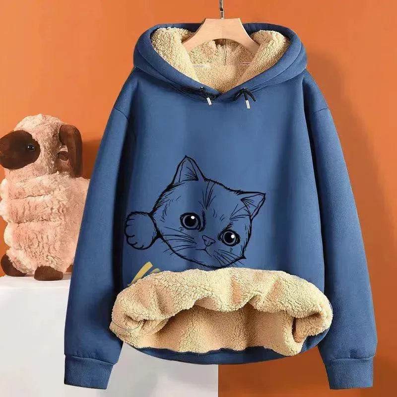 Women’s Oversized Fleece Hoodie – Cute Cat Graphic Sherpa Lined Pullover Sweatshirt with Pocket