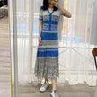 V-neck Wave Stripe Knit Top & Midi Skirt Set | Blue Chevron